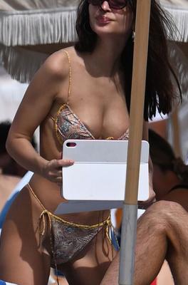 Emily Ratajkowski in thong-bikini + areola nipslip in Miami