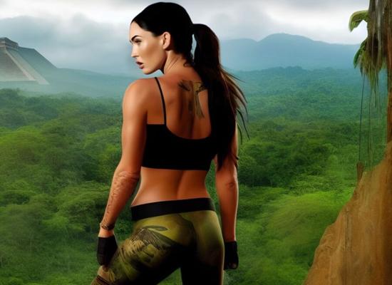 Megan Fox como Lara Croft se despindo, fotorrealista