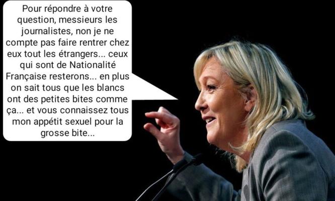 Französische Bildunterschrift (Français) Marine Le Pen(is) de noir et rebeu.