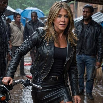 A.I. Jennifer Aniston em couro na favela