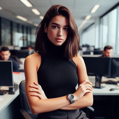 La chef de bureau Dua Lipa porte un col roulé sans manches et une montre