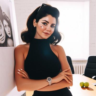 Office manager Marina Diamandis in a sleeveless turtleneck/watch