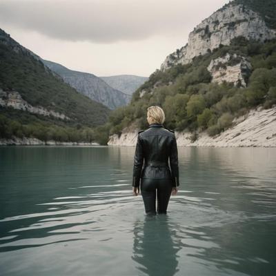 A.I. Charlize Theron en cuero en un lago