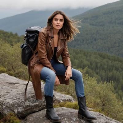 A.I. Ana de Arnas in Leather coat and boots hiking